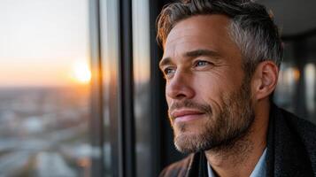 A man looking out a window at sunset photo