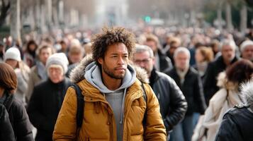 A man walking in a crowd of people photo