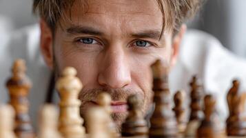 A man is looking at the camera while playing chess photo