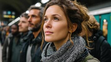 A woman standing in a subway station with other people photo