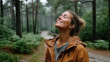 A woman in a brown jacket standing in a forest photo