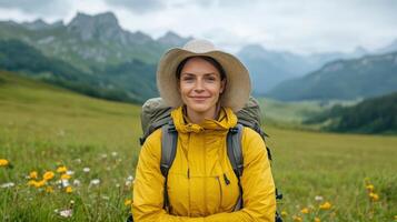 Portrait of happy woman in yellow jacket and hat in the mountains photo