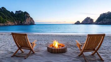 Beach chairs and fire pit on the beach at sunset photo