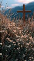 Field of flowers with a wooden cross at sunset photo