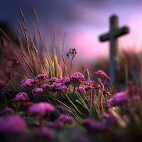 Vibrant flowers blooming beside a weathered cross at dusk photo