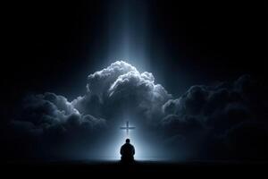 Spiritual reflection under light in a darkened sky photo