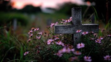 Wooden cross surrounded by flowers at dusk in a cemetery photo
