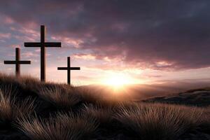 Sunset silhouette of crosses on a hillside at dusk photo