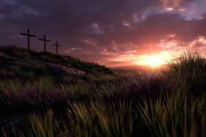 Three crosses on a hill at sunset photo