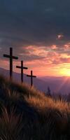 Three crosses on a hill at sunset with colorful sky photo