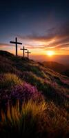 Three crosses on the hill at sunset photo