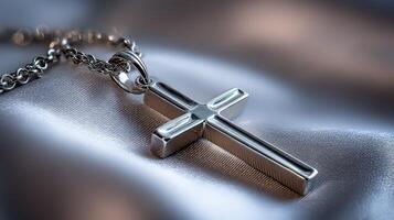 Silver cross pendant resting on satin fabric in soft lighting photo