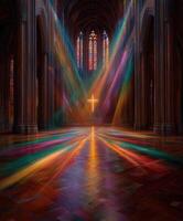 Light streams through stained glass in a historic church photo