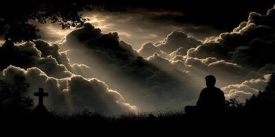 Calm reflection during sunset with clouds and cross photo