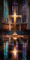 Golden cross in a cathedral with stained glass photo