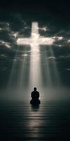 Spiritual contemplation under a radiant cross in solitude photo