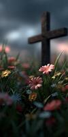 Cross surrounded by colorful flowers in a serene landscape photo