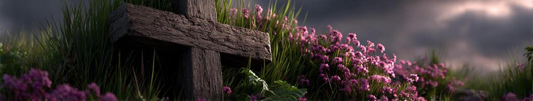 Wooden cross surrounded by blooming flowers in a serene setting photo