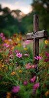 Cross surrounded by blooming flowers in a serene field photo