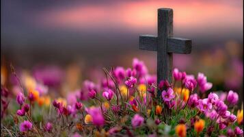 A cross is in a field of flowers with a sunset in the background photo