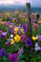 Cross surrounded by vibrant wildflowers in a serene field photo