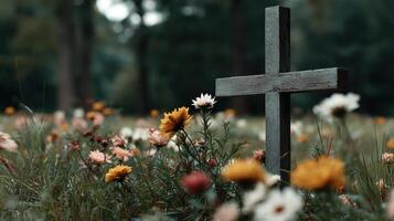 Flowers bloom around a wooden cross in a serene setting photo