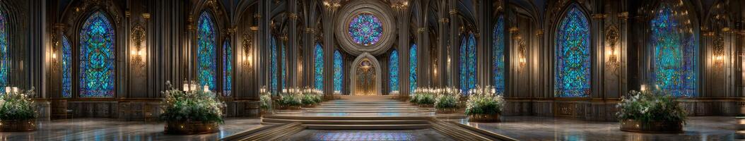 Majestic interior of a cathedral with stained glass windows photo