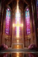 Beautiful cathedral interior with vivid stained glass photo