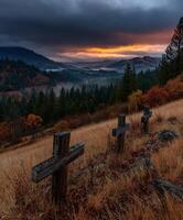 A field with trees and a mountain in the background photo