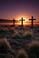 Sunrise over crosses in a serene field photo