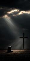 Spiritual reflection under dramatic sky with cross photo