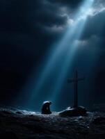 Quiet reflection in a dark atmosphere with a cross photo