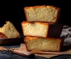 Japanese bread cake stack with slice on wooden plate photo