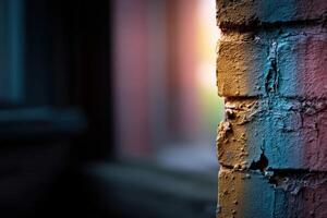 Colorful brick wall captures fading light in urban setting photo