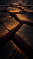 Cracked earth under warm sunset light in dry landscape photo
