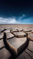 Dried earth with cracked surface under a blue sky photo