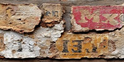 Chipped paint vintage wall with colorful lettering photo