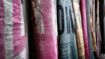 Colorful fabric banners hang on a wall at a local market photo