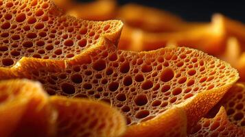 Unique texture of orange sponge with intricate patterns photo