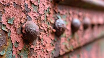 Rusty metal surface with peeling paint and rivets in close detail photo