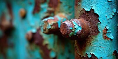 Rusty bolts on a weathered turquoise door in daylight photo