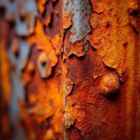 Rusty metal surface revealing layers of weathered paint photo