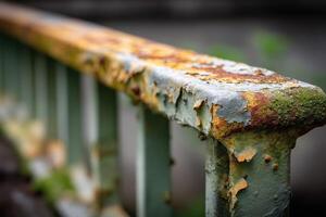 Rusty railing covered in peeling paint at urban location photo