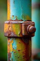 Rusty metal pipe with vibrant blue and orange colors photo