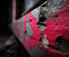 Close-up view of weathered wall with bold red graffiti marks photo