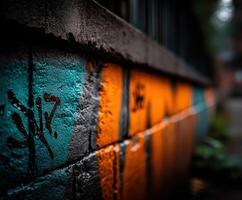 Vibrant street art on a textured wall in urban setting photo