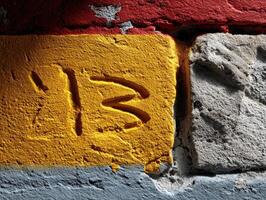 Colorful wall art featuring carved numbers in an urban setting photo