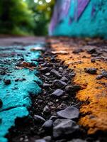Colorful paint and gravel contrast on a quiet pathway photo