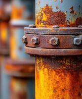 Industrial pipes and rusty fittings in urban setting photo