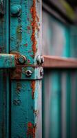 Rusty metal texture showcases weathered teal paint in detail photo